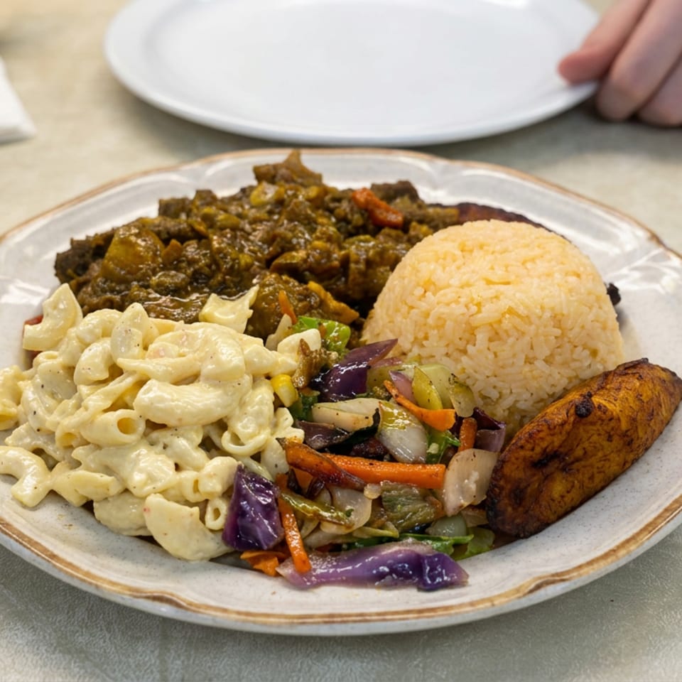 Plate of curry, rice, creamy macaroni salad, sautéed vegetables, and roasted plantain on a restaurant table.
