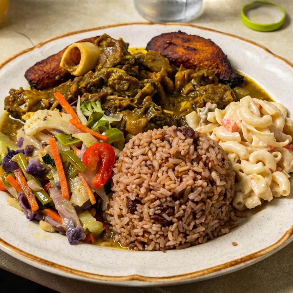 Plate of Caribbean-style stewed meat with rice and beans, fried plantains, macaroni salad, and sautéed vegetables.