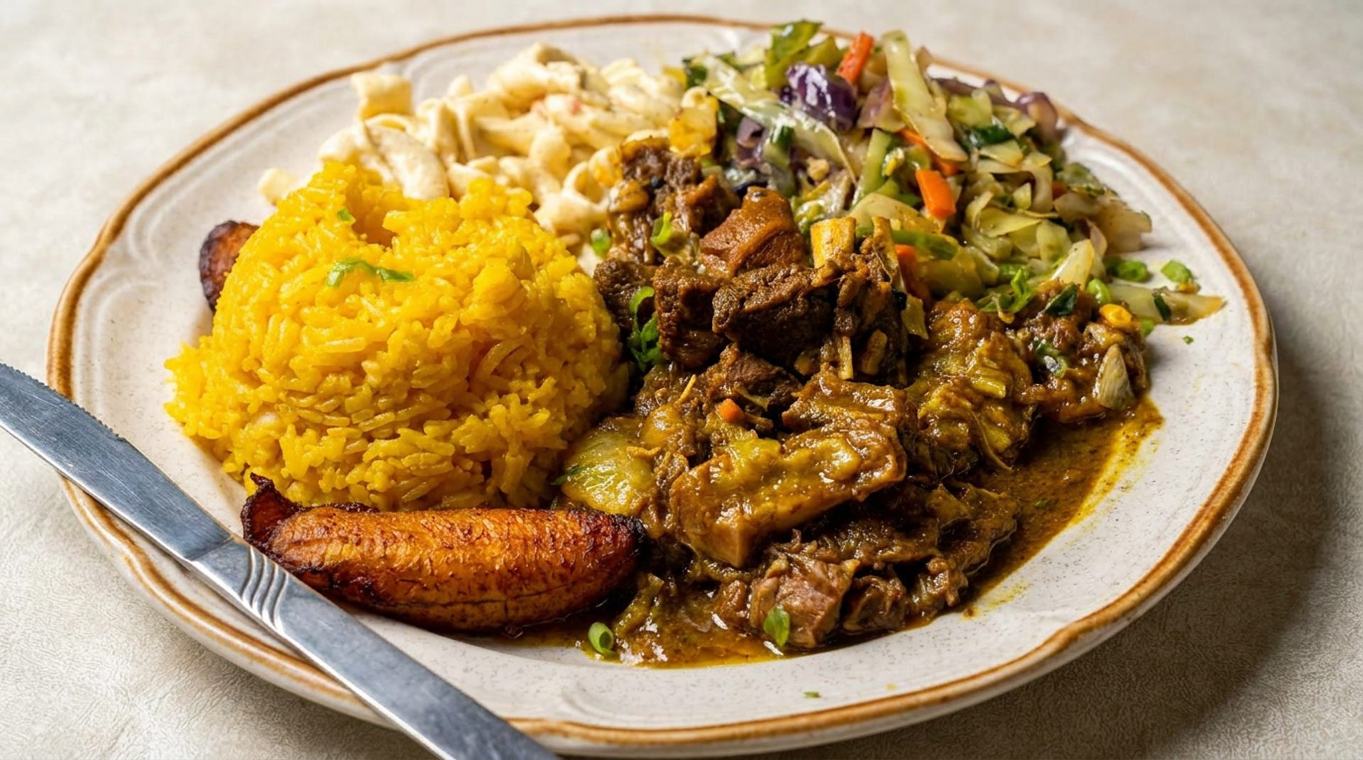 Curried goat and plantains